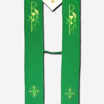 1 Piece Reversible Stole - Green and White - Alpha and Omega