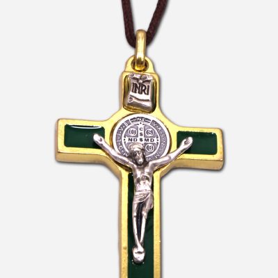 Cross Necklace with Saint Benedict Medal - Green Gold 3 x Made in Italy