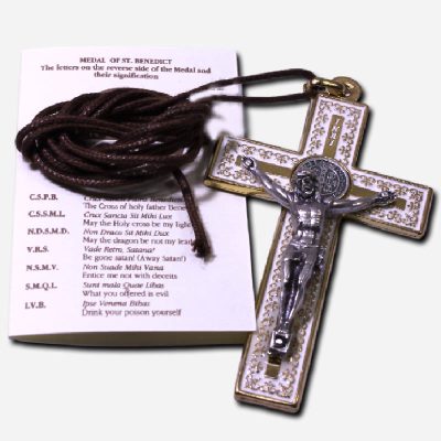 CRUCIFIX WITH SAINT BENEDICT MEDAL NECKLACE GOLD WHITE - 4 x ITALY