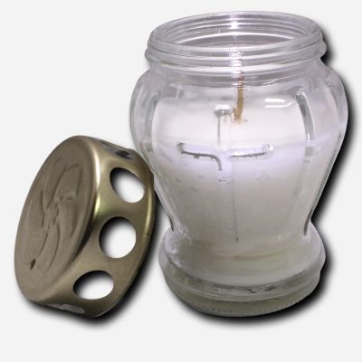 Candle In Glass Cross Design with Cover - White