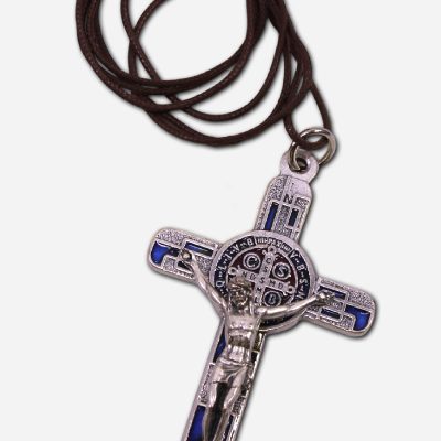 Cross Necklace with Saint Benedict Medal - Nickel Blue - 4 x