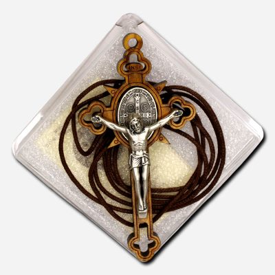 Cross with Saint Benedict Medal Necklace - Olive Wood Italy