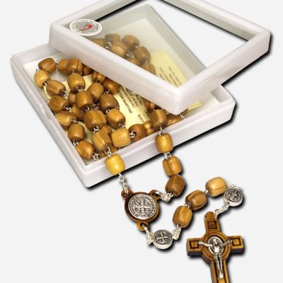 Olive Wood Rosary with Saint Benedict Medal - Brown Made in Italy