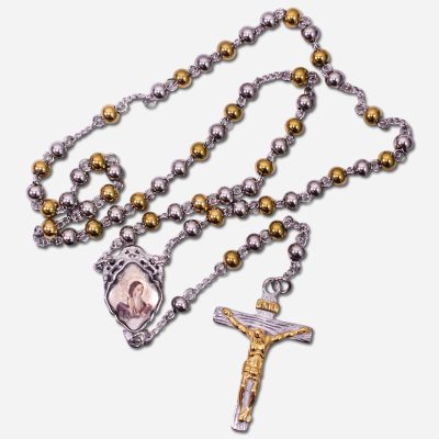 Two Tone Stainless Steel Rosary - with Saint Benedict - Beads
