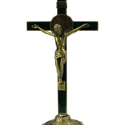 CROSS WITH SAINT BENEDICT MEDAL BRONZE FINISH - GREEN -