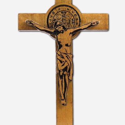 WOODEN CRUCIFIX WITH ENGRAVED SAINT BENEDICT MEDAL -